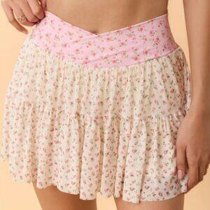 Floral Pink & Cream Tiered Mini Skirt